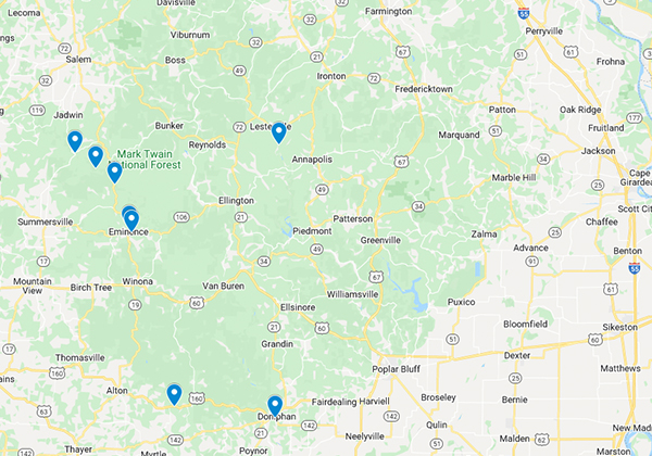 Map of float locations on Eleven Point, Jacks Fork, Current and Black Rivers.