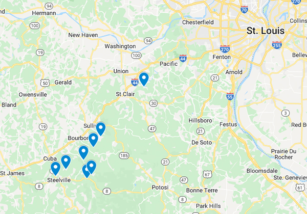 Map of float locations on the Meramec, Huzzah and Courtois Rivers.