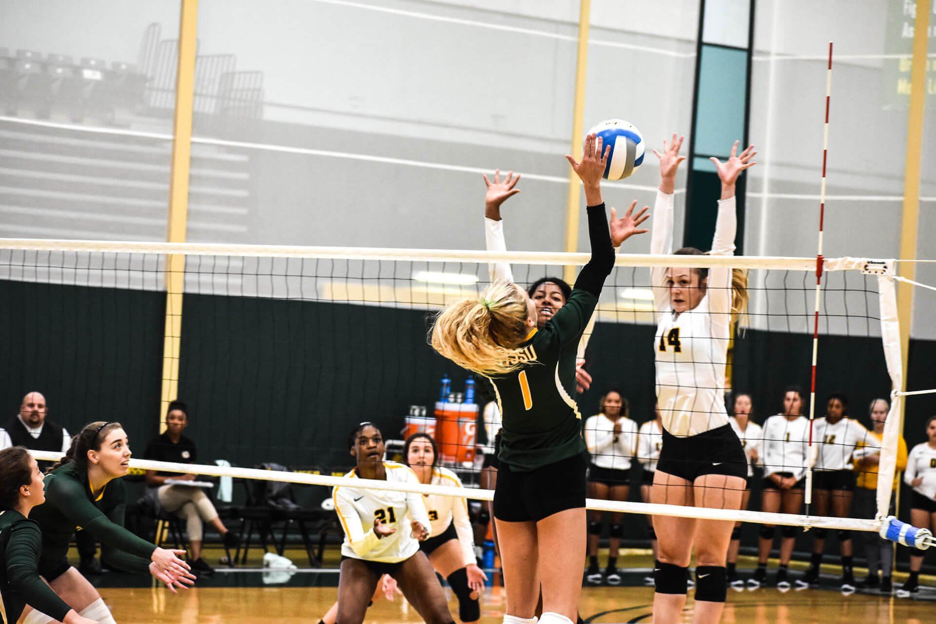 Volleyball players compete in a Missouri gymnasium