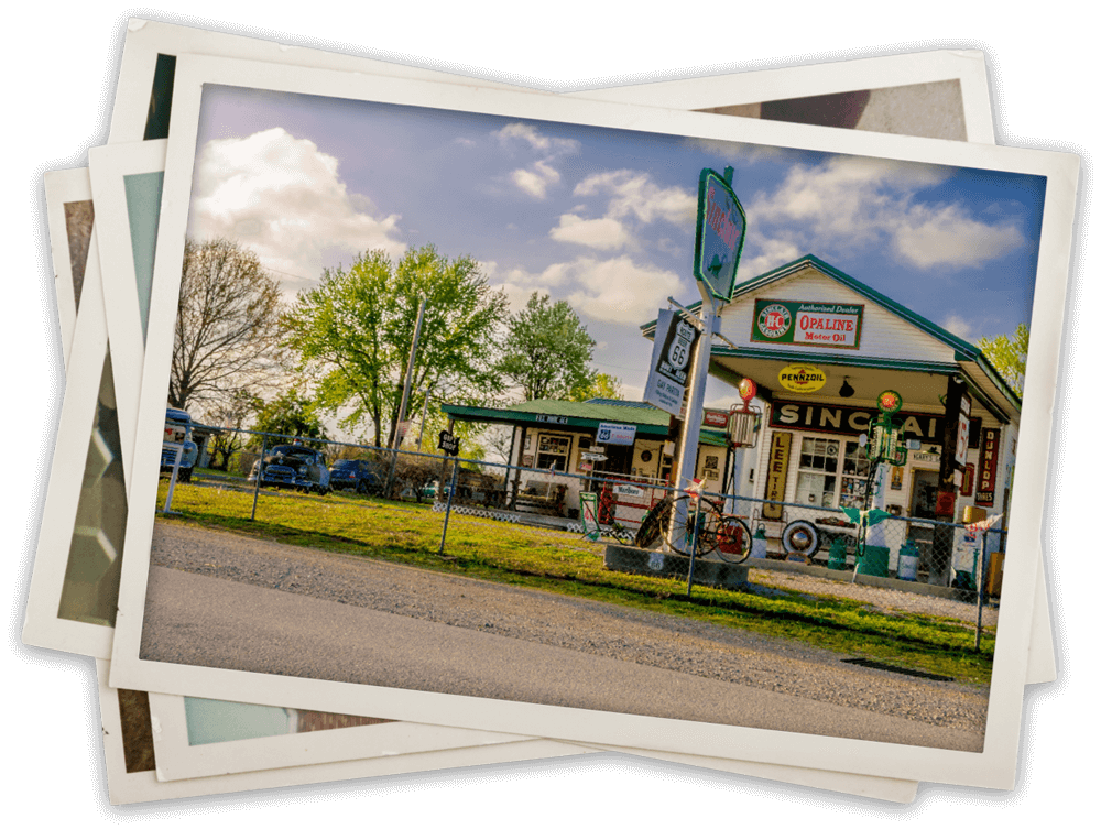 a stack of photos featuring a vintage gas station on Route 66